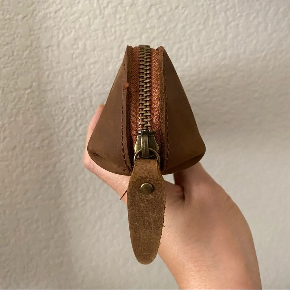Crazy Horse Real Leather Brown Zipper Pencil Pouch Makeup Bag